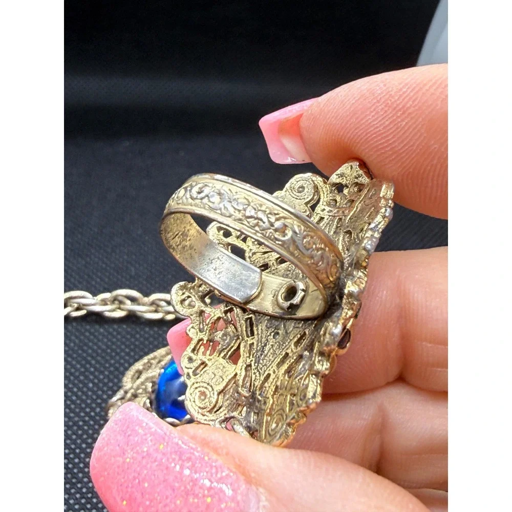 Vintage Blue Cabochon Gold Tone Filigree Slave Bracelet Ring Hand Chain Set